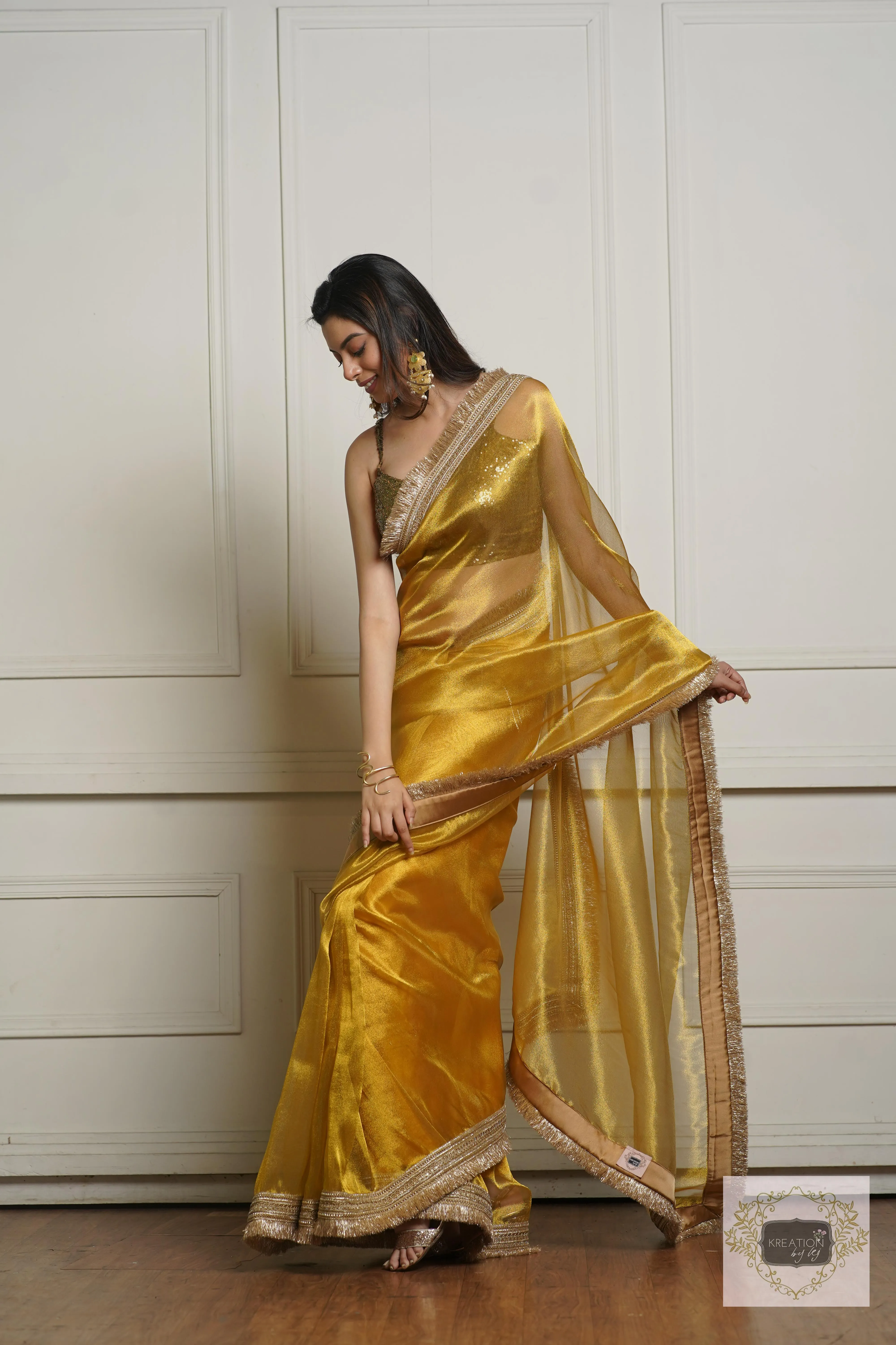 Golden Yellow Zari Tissue Banno Saree