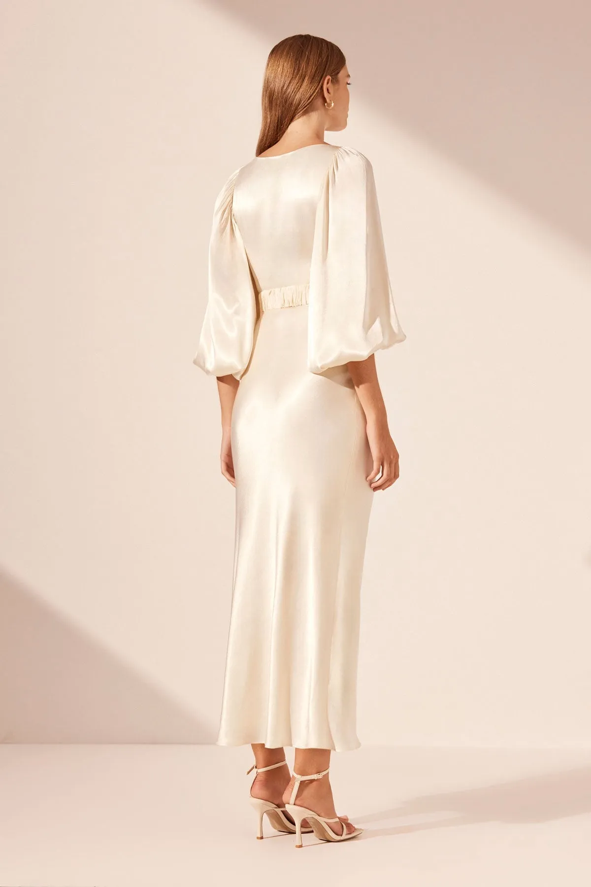 LA LUNE BALLOON SLEEVE MIDI DRESS WITH BELT - CREAM