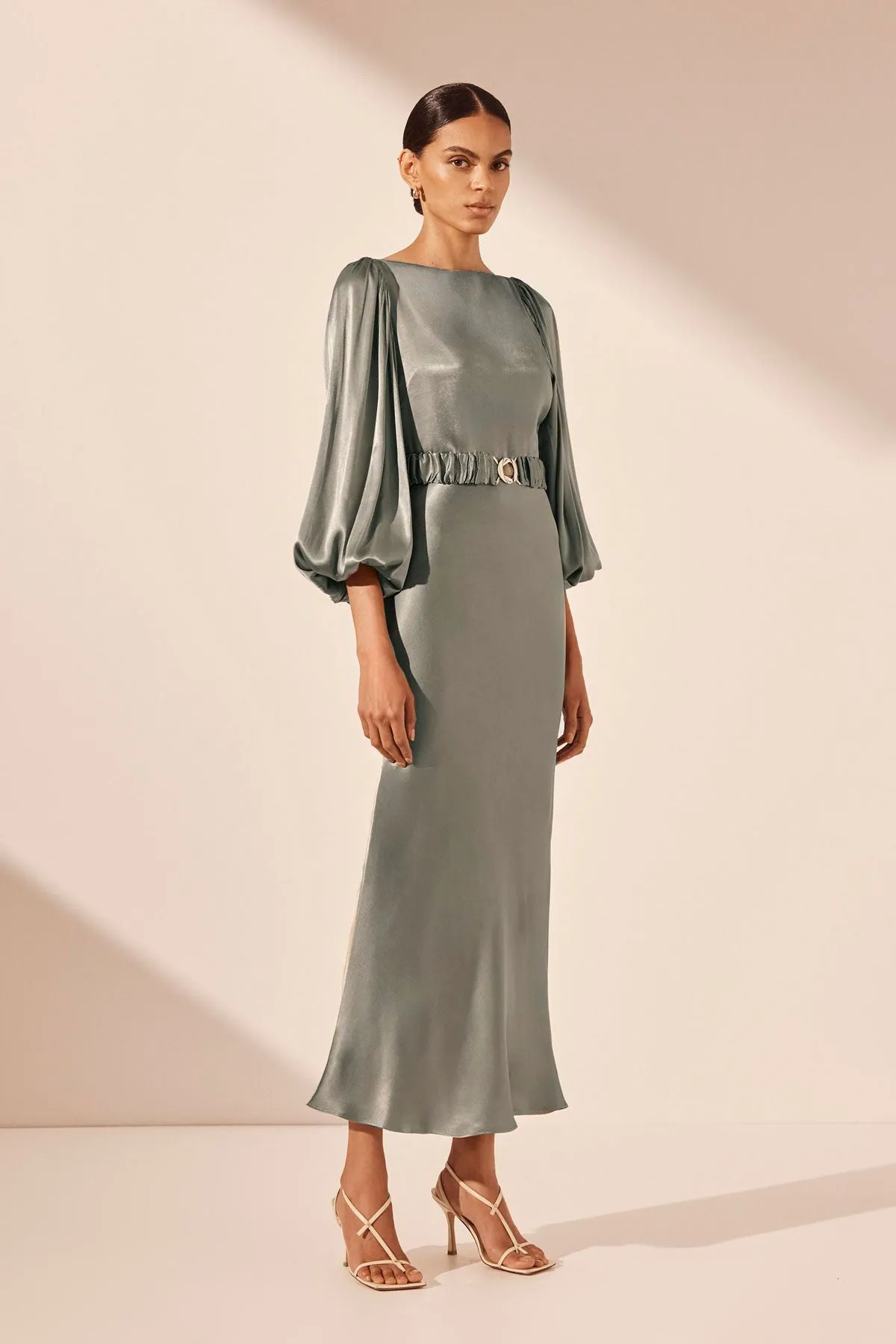 LA LUNE BALLOON SLEEVE MIDI DRESS WITH BELT - SAGE