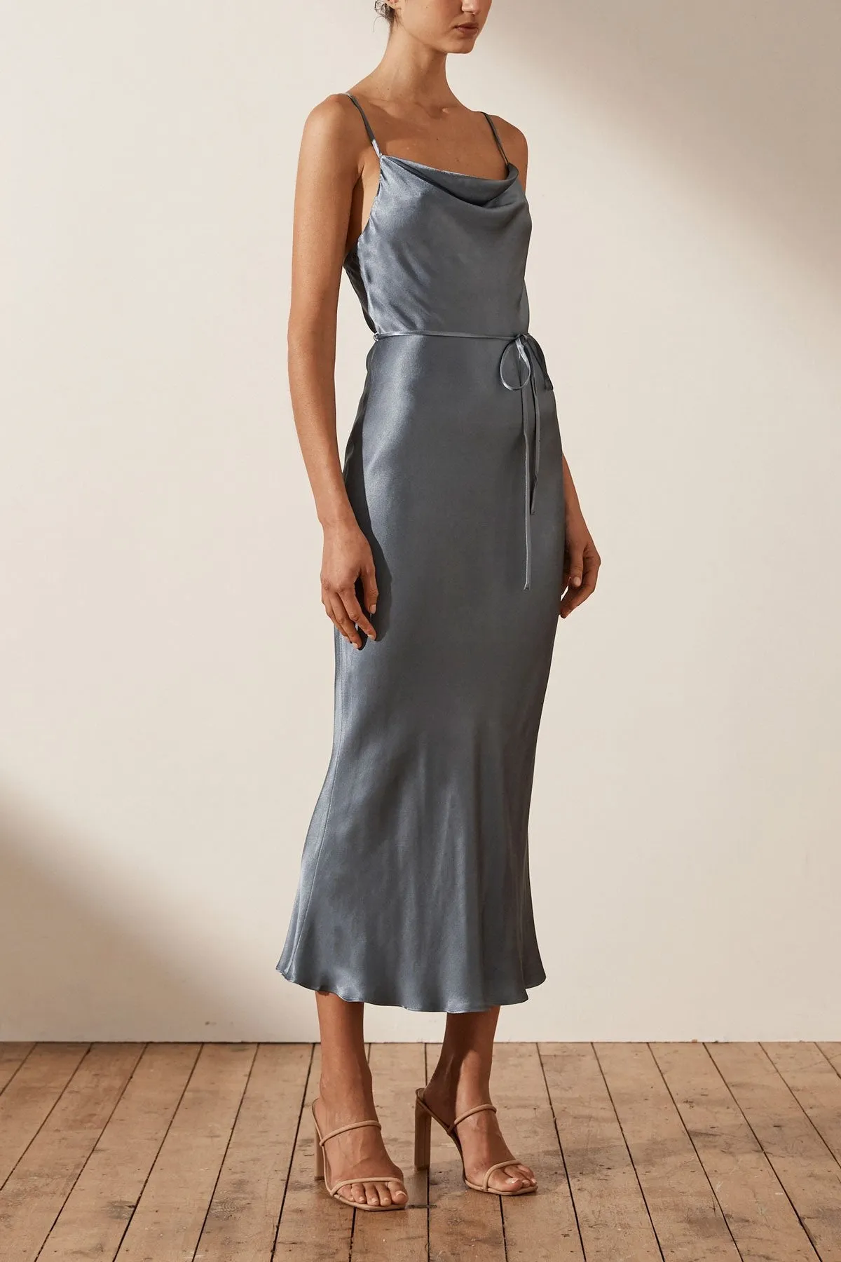 LA LUNE BIAS COWL MIDI DRESS - BLUE SMOKE