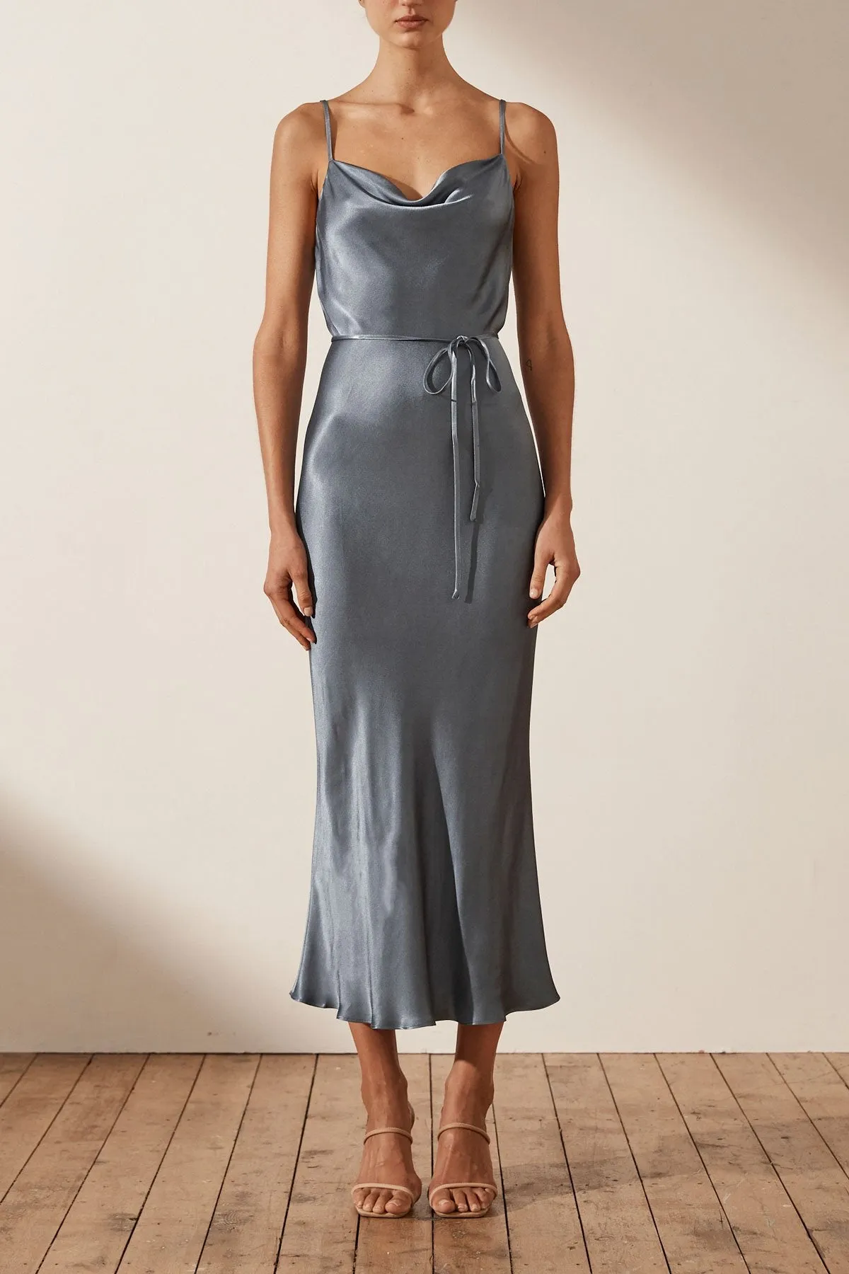 LA LUNE BIAS COWL MIDI DRESS - BLUE SMOKE