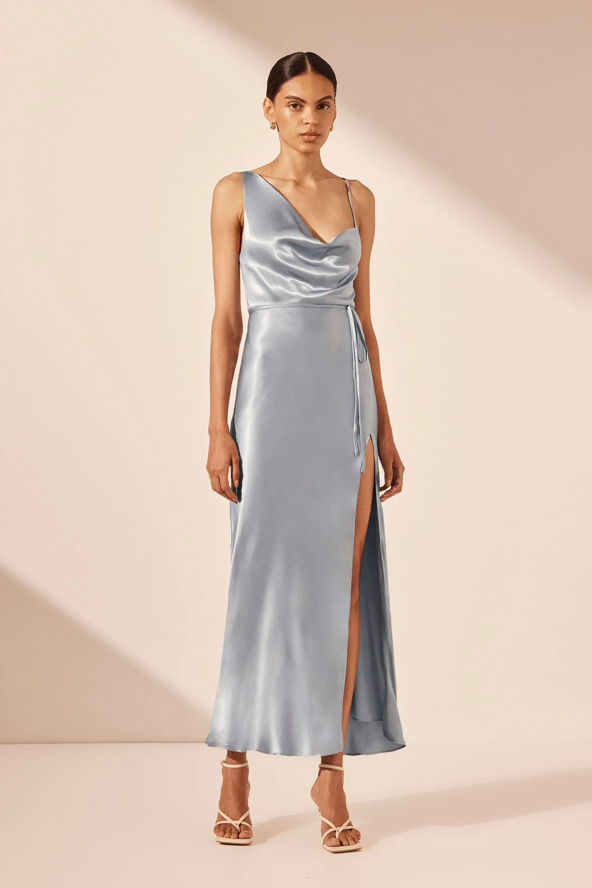 LA LUNE DRAPED SIDE SPLIT MIDI DRESS - POWDER BLUE