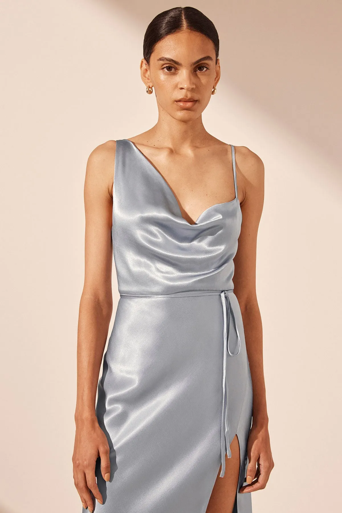 LA LUNE DRAPED SIDE SPLIT MIDI DRESS - POWDER BLUE