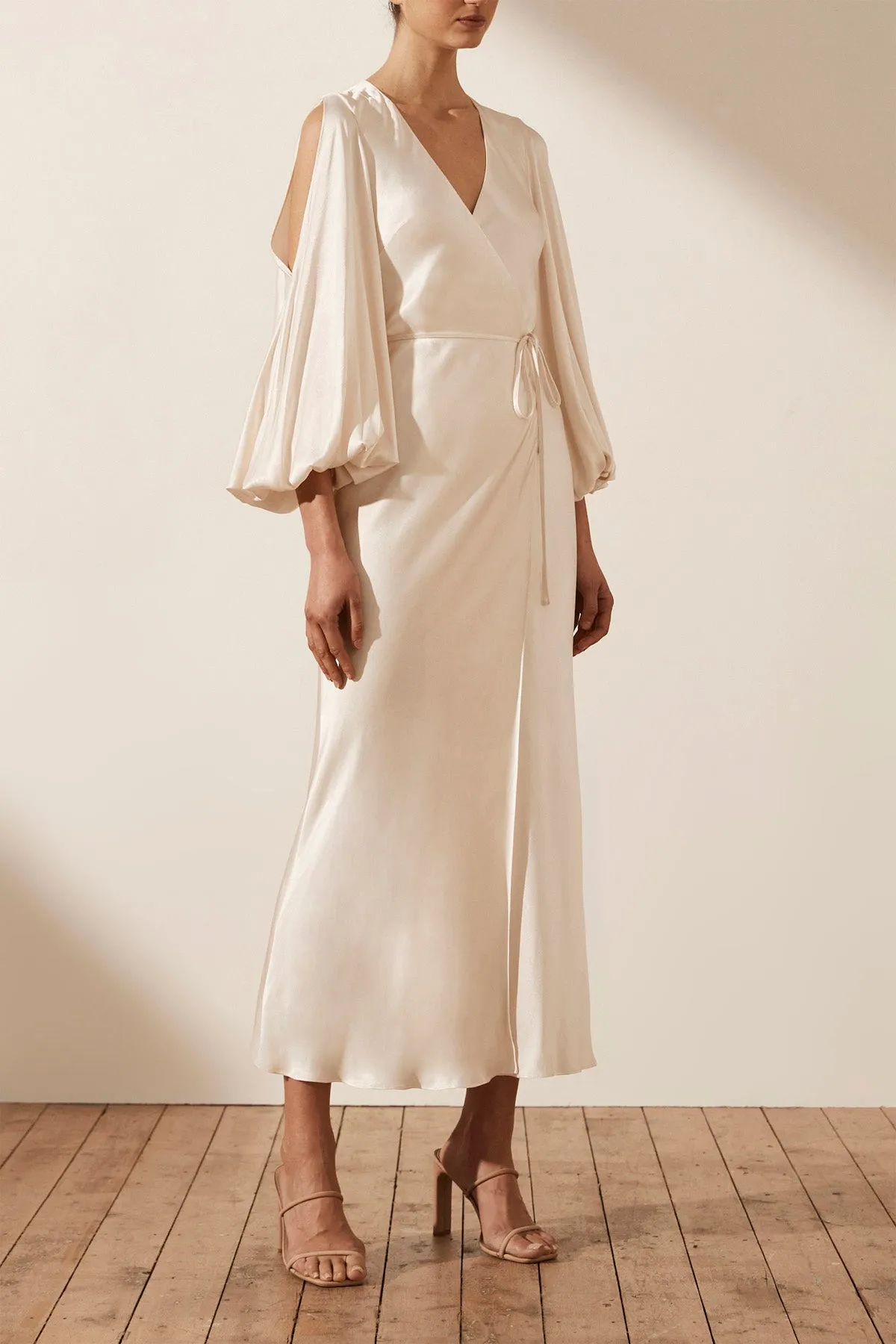 LA LUNE FULL SLEEVE WRAP MIDI DRESS - CREAM