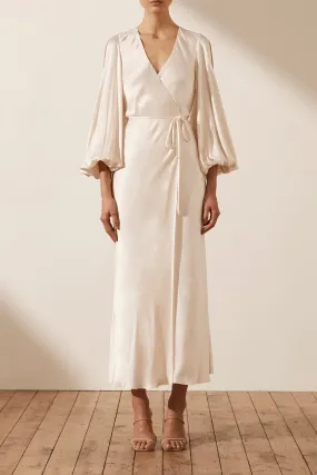 LA LUNE FULL SLEEVE WRAP MIDI DRESS - CREAM