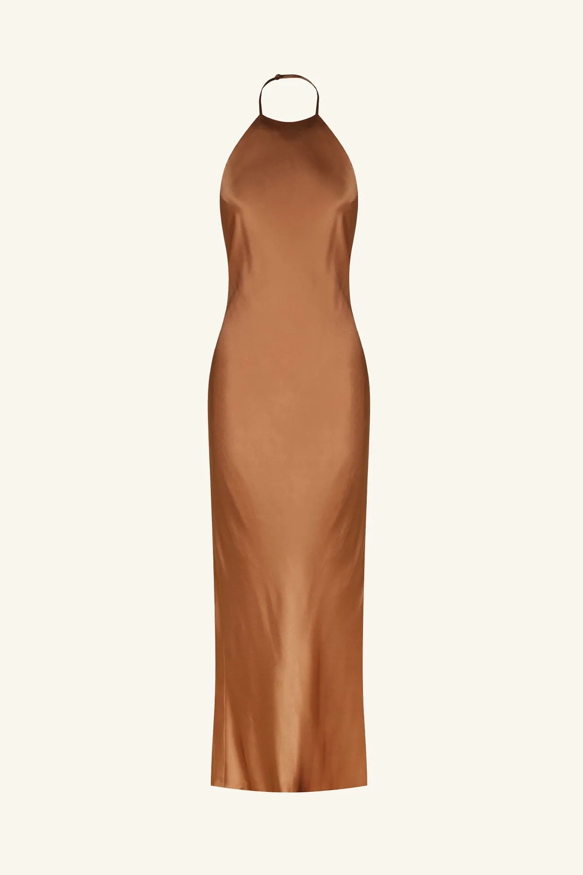 LA LUNE LOW BACK HALTER NECK MIDI DRESS - ALMOND