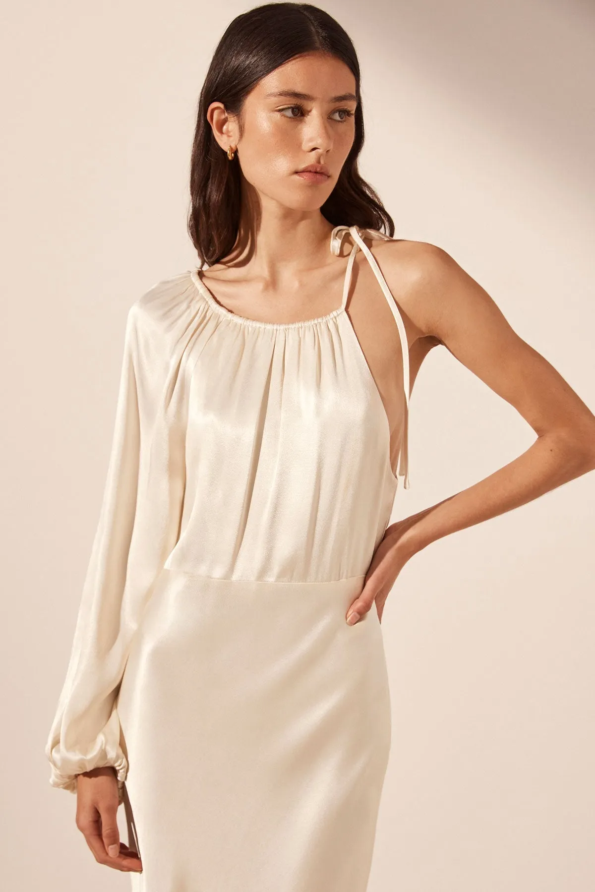 LA LUNE ONE SHOULDER BALLOON SLEEVE MIDI DRESS - CREAM