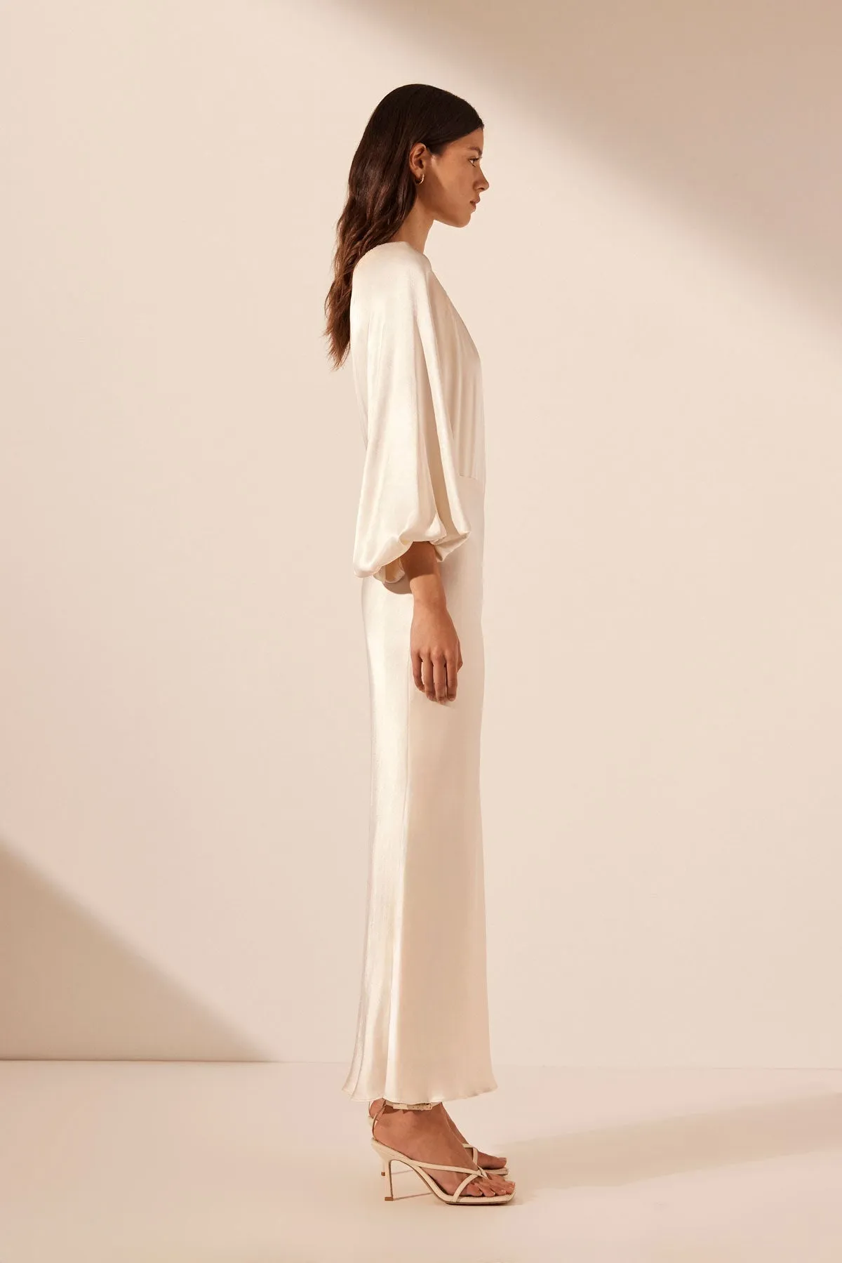 LA LUNE ONE SHOULDER BALLOON SLEEVE MIDI DRESS - CREAM