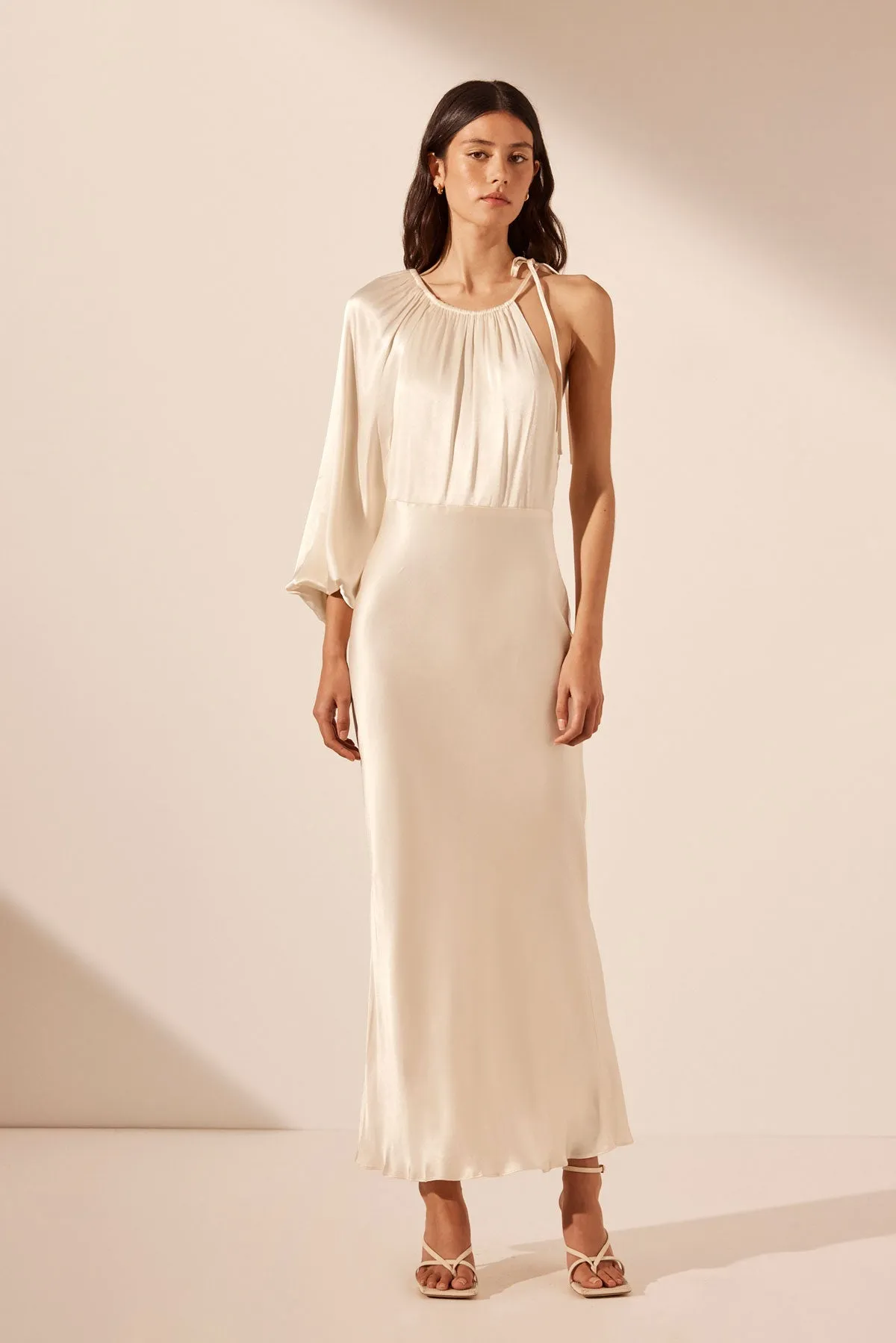 LA LUNE ONE SHOULDER BALLOON SLEEVE MIDI DRESS - CREAM