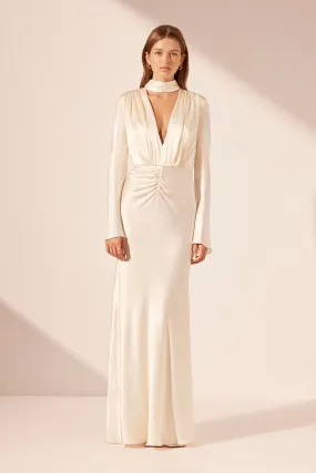 LA LUNE PLUNGED LONG SLEEVE MAXI DRESS - CREAM