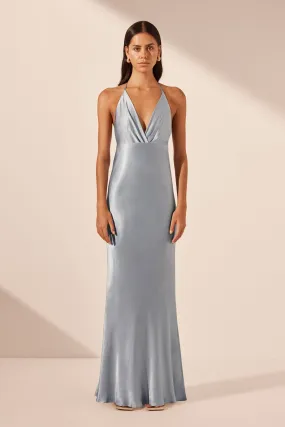 LA LUNE PLUNGED OPEN BACK HALTER MAXI DRESS - POWDER BLUE