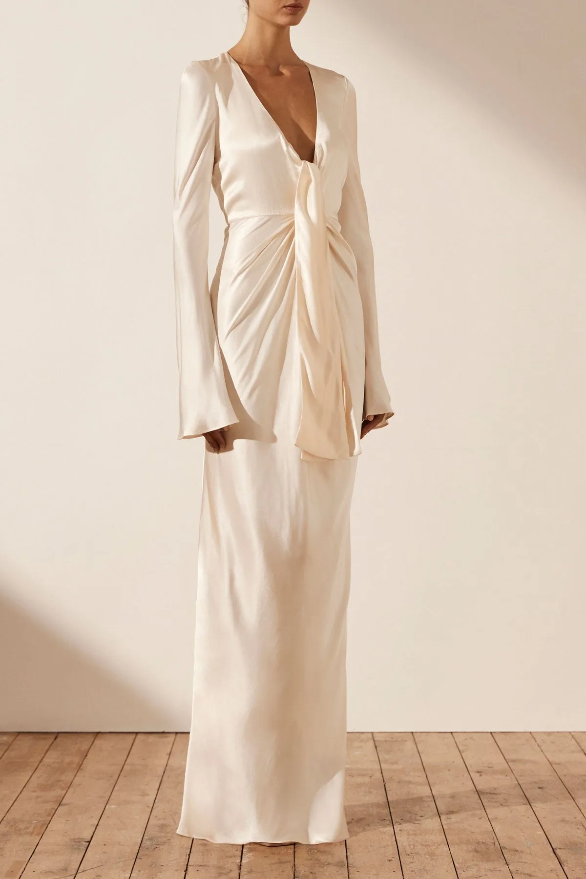 LA LUNE PLUNGED TIE FRONT MAXI DRESS - CREAM