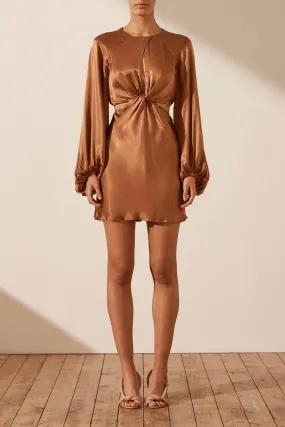 LA LUNE TWIST FRONT CUT OUT MINI DRESS - ALMOND