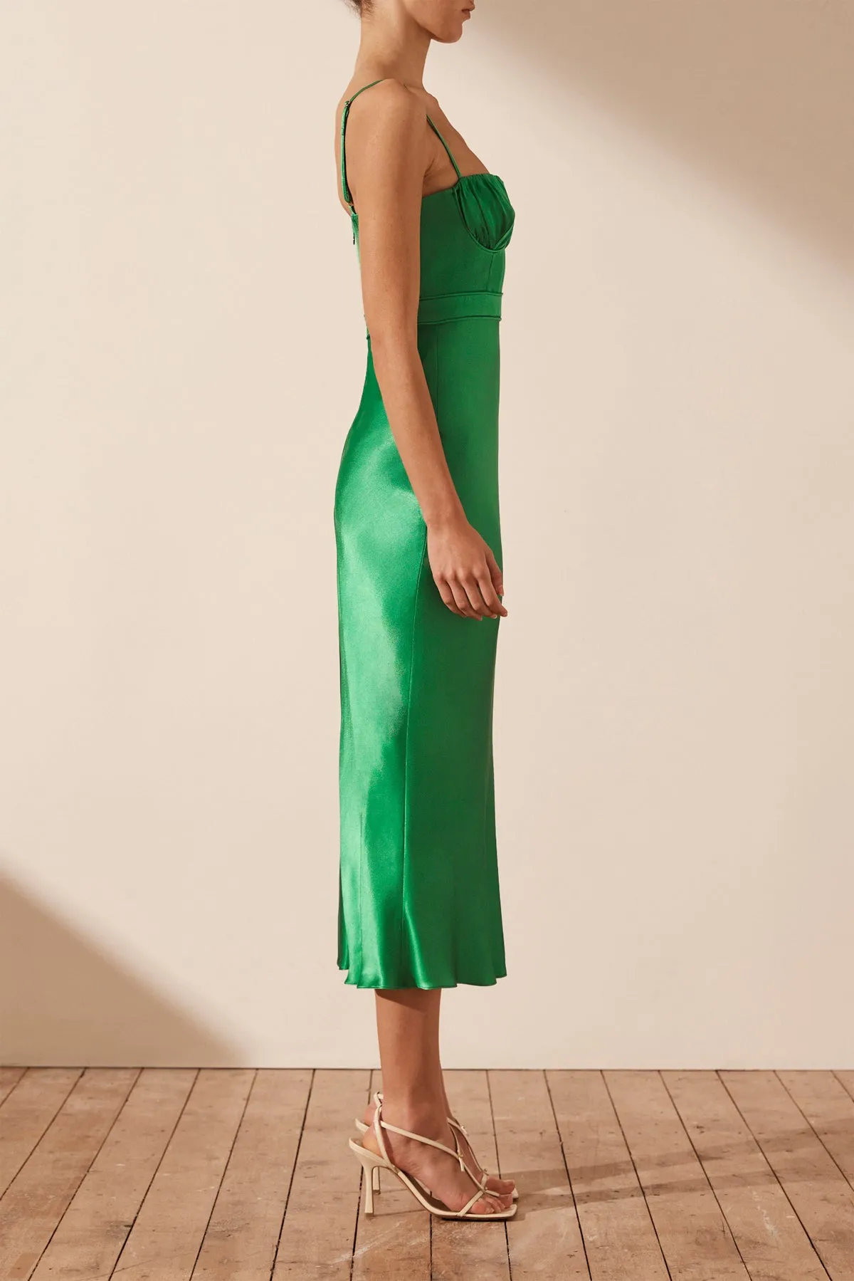 LANA CORDED RUCHED MIDI DRESS - TREE GREEN