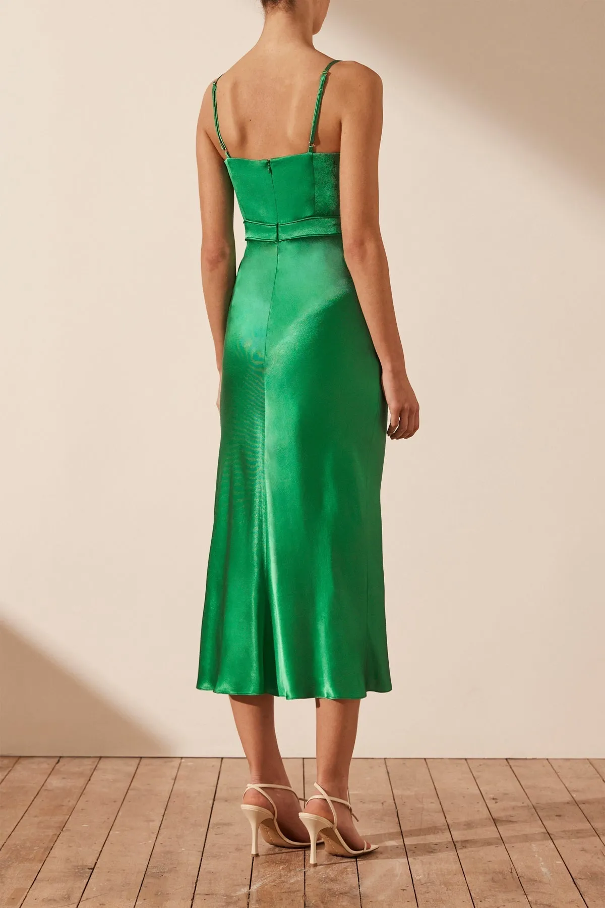 LANA CORDED RUCHED MIDI DRESS - TREE GREEN