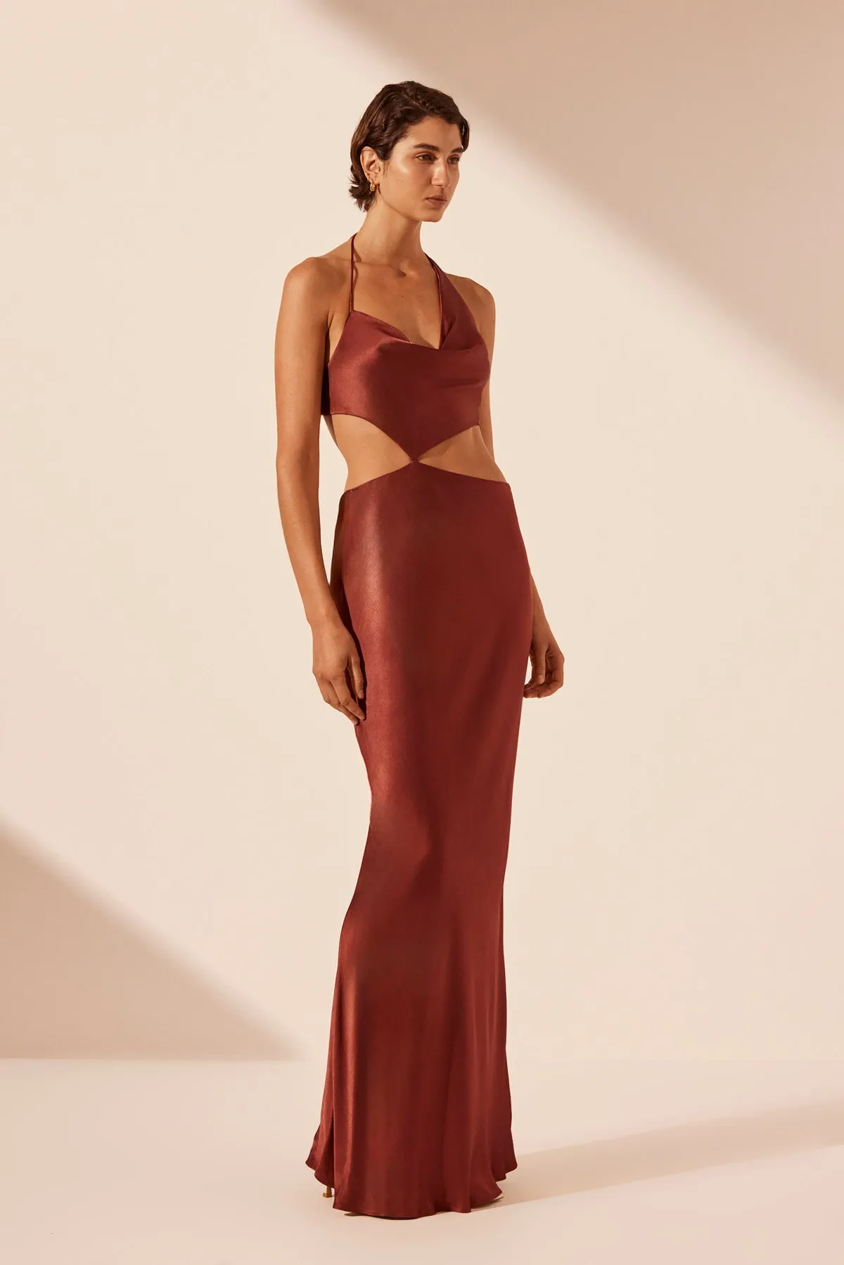 LINO ASYMMETRICAL COWL TIE MAXI DRESS - MAHOGANY