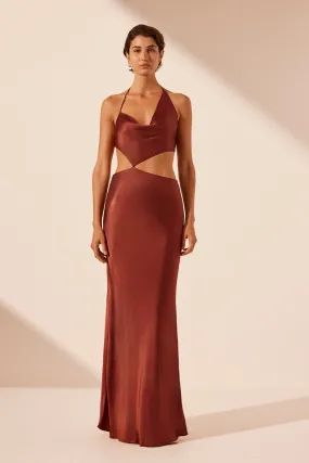 LINO ASYMMETRICAL COWL TIE MAXI DRESS - MAHOGANY