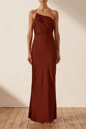 LUXE ASYMMETRICAL GATHERED MAXI DRESS - SANGRIA