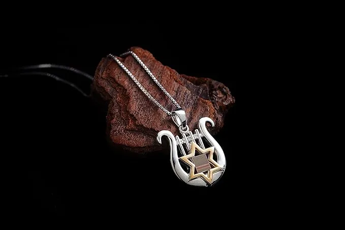 Nano Sim Old Bible Silver and 9K Gold Pendant David's Harp and Star of David