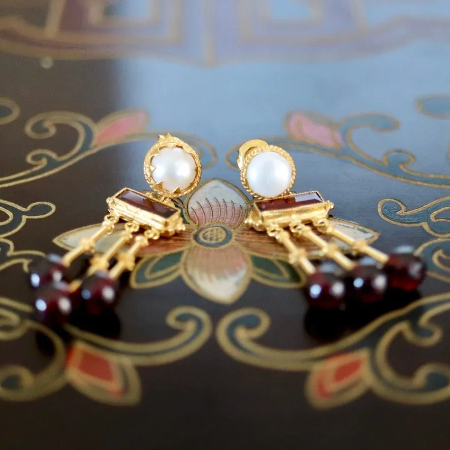 Orient Express 14k Gold, Garnet and Pearl Earrings