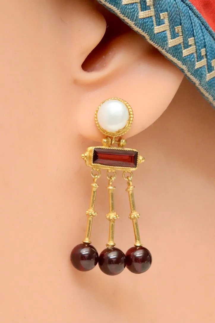 Orient Express 14k Gold, Garnet and Pearl Earrings