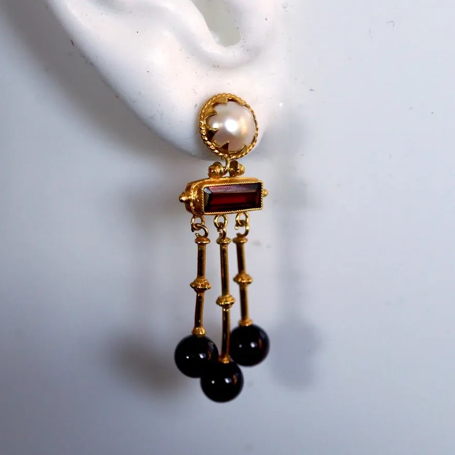 Orient Express 14k Gold, Garnet and Pearl Earrings