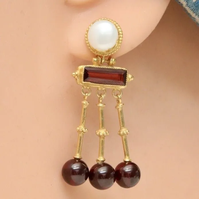 Orient Express 14k Gold, Garnet and Pearl Earrings