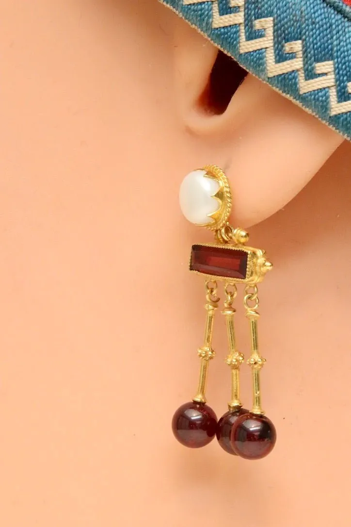 Orient Express 14k Gold, Garnet and Pearl Earrings