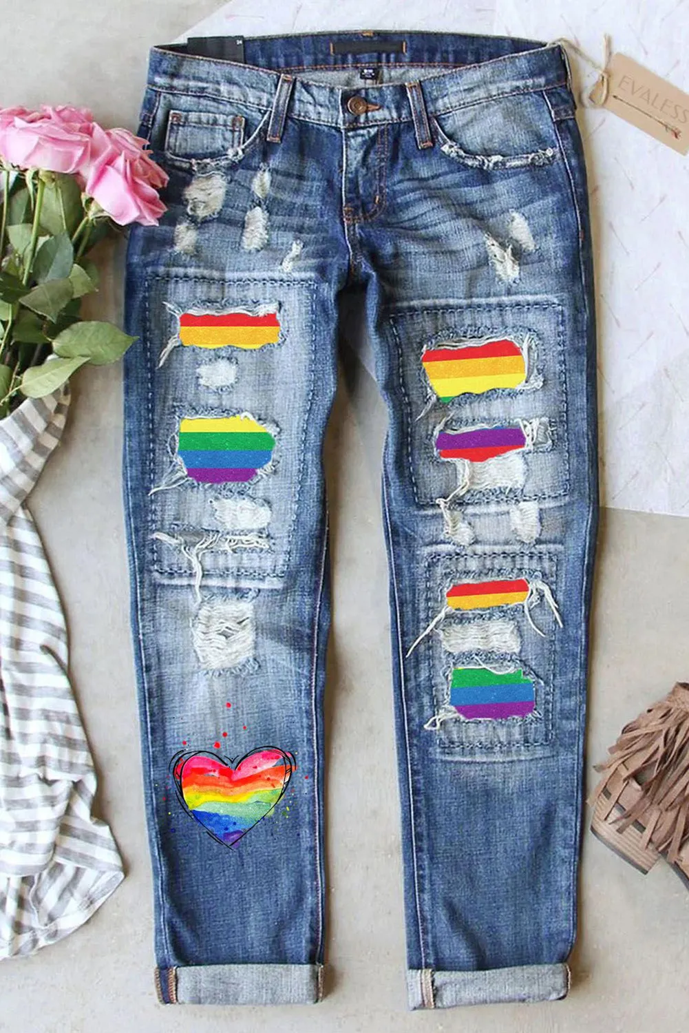 Rainbow Striped Ripped Jeans for Women Boyfriend Distressed Denim Jean Pants