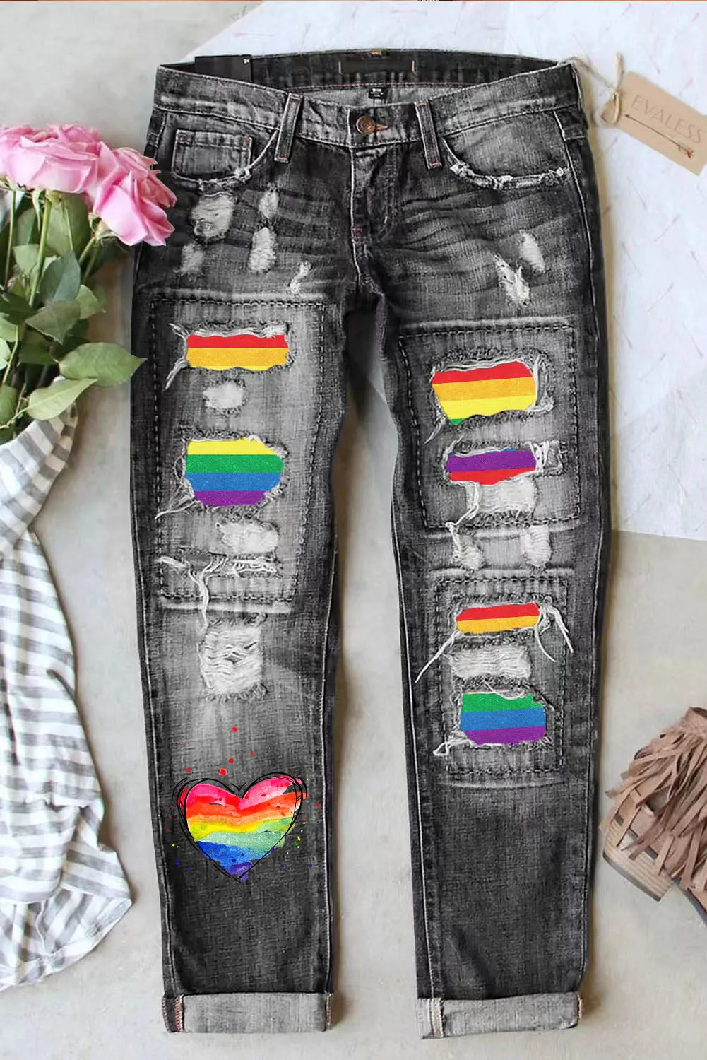 Rainbow Striped Ripped Jeans for Women Boyfriend Distressed Denim Jean Pants