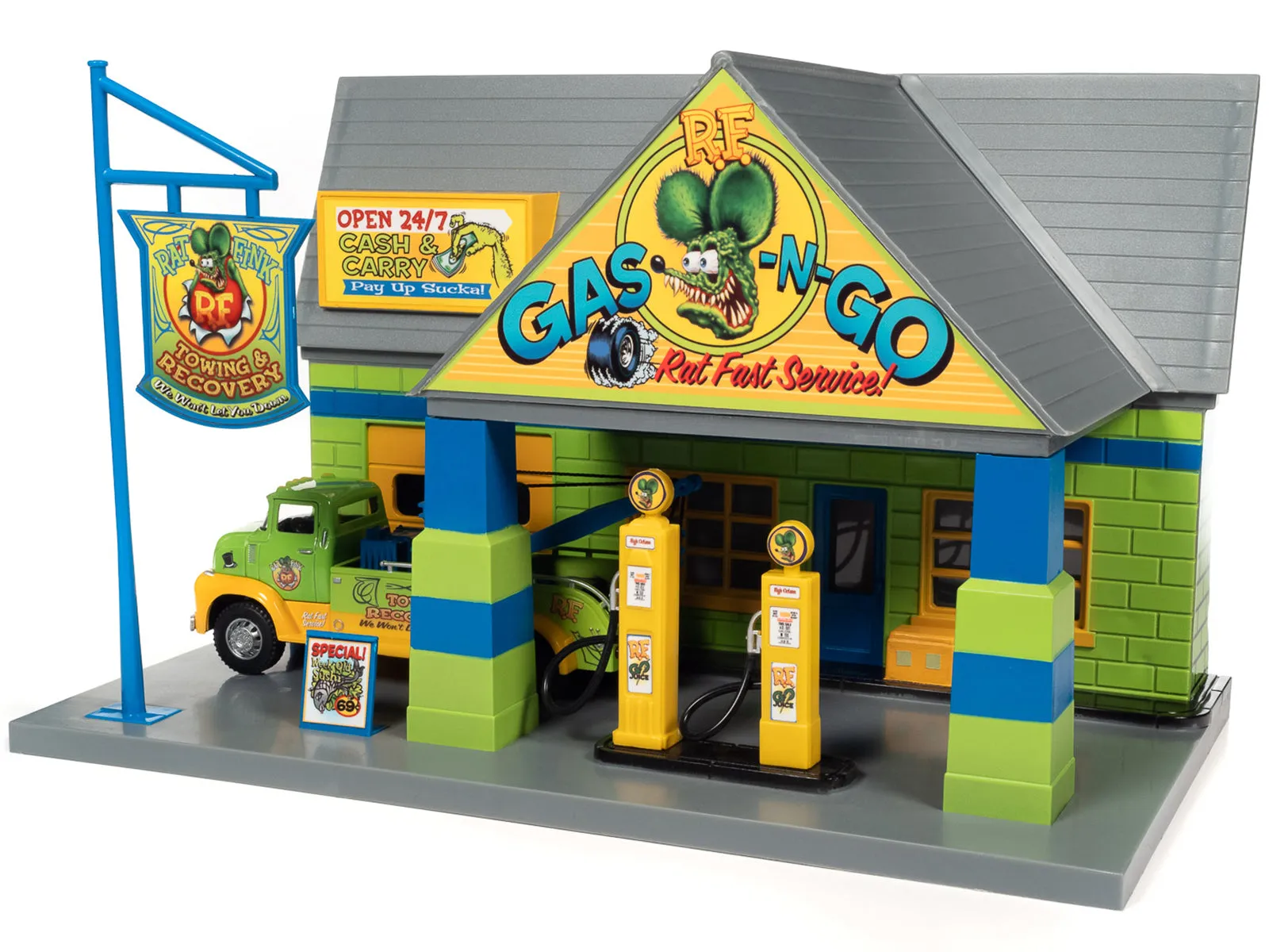 Rat Fink Towing & Recovery Garage and Tow Truck Diorama Set for 1/32 Scale Models by Auto World