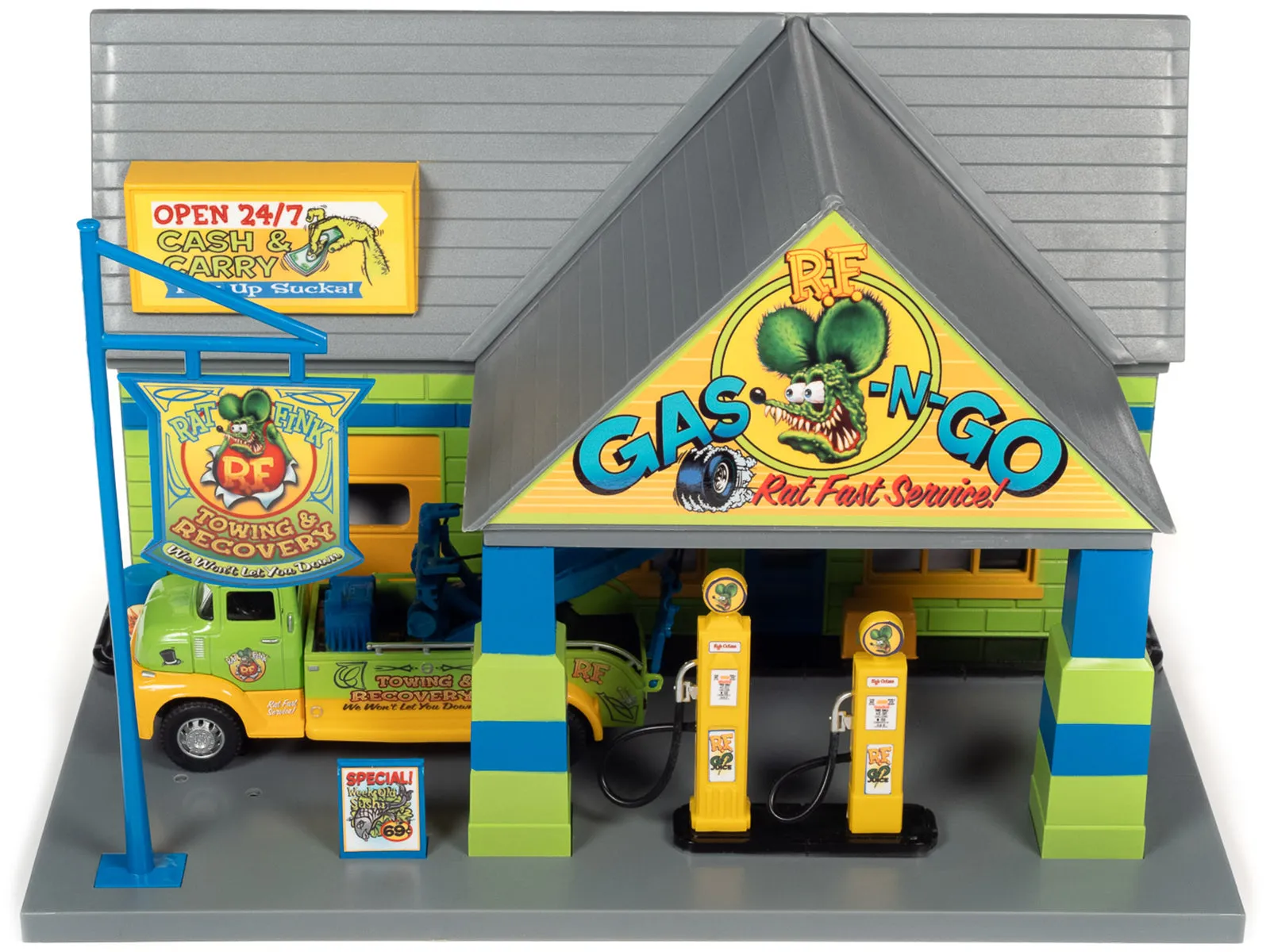 Rat Fink Towing & Recovery Garage and Tow Truck Diorama Set for 1/32 Scale Models by Auto World