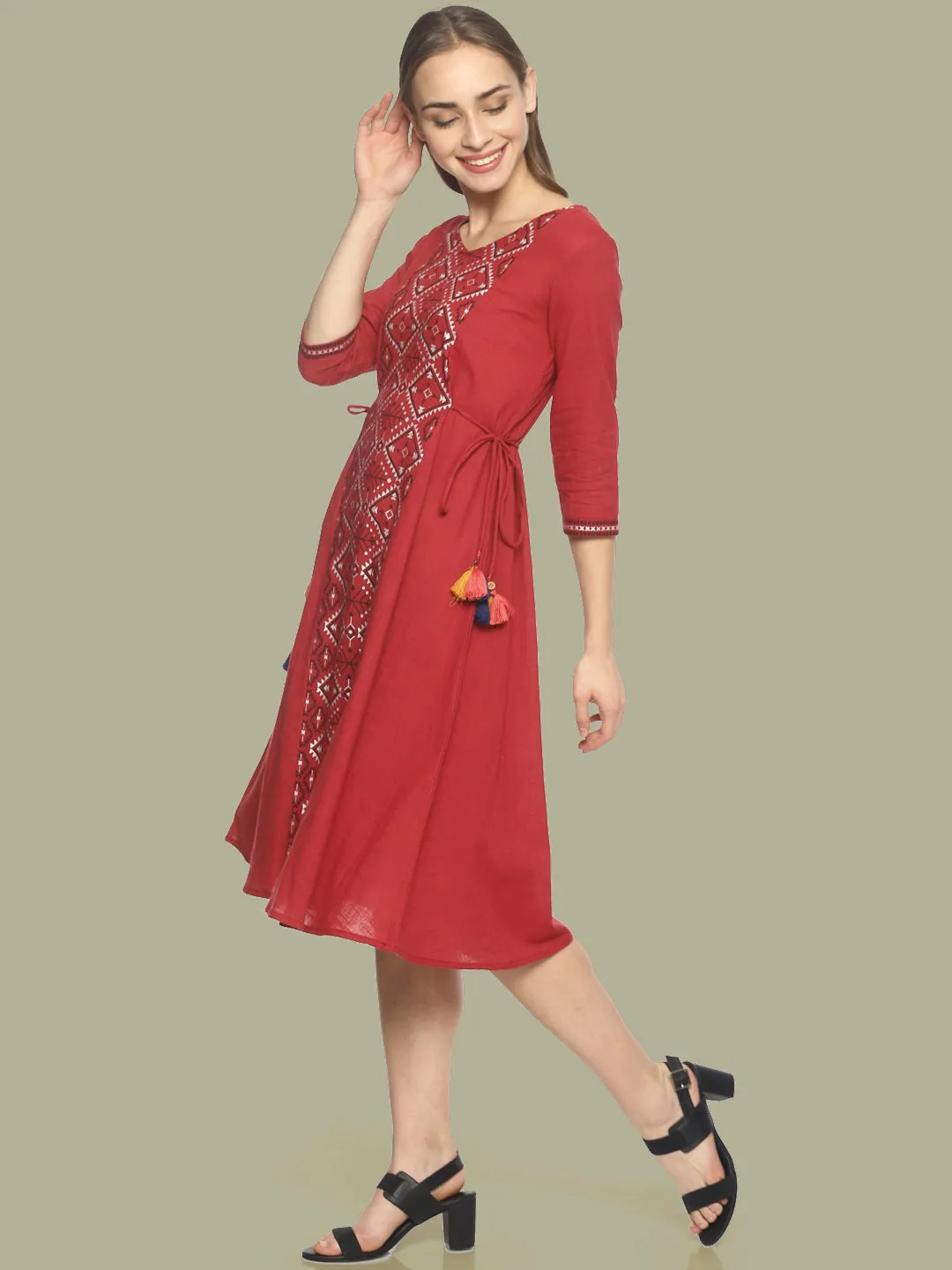 Red Printed A-line Dress With Waist Tie-up