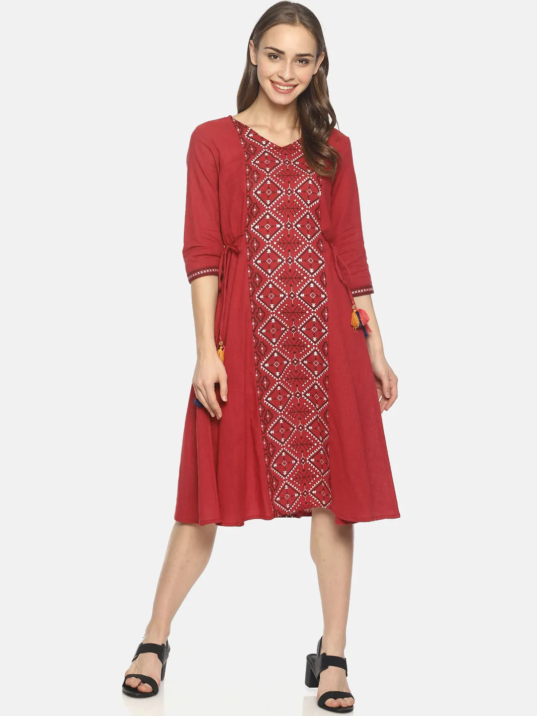 Red Printed A-line Dress With Waist Tie-up