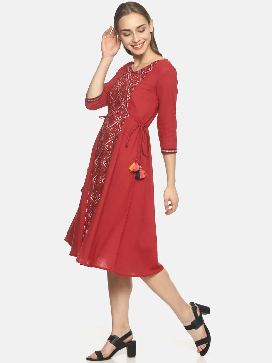 Red Printed A-line Dress With Waist Tie-up