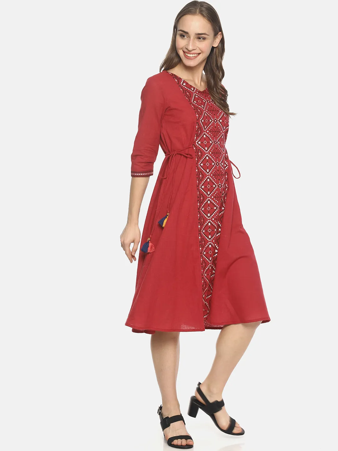 Red Printed A-line Dress With Waist Tie-up