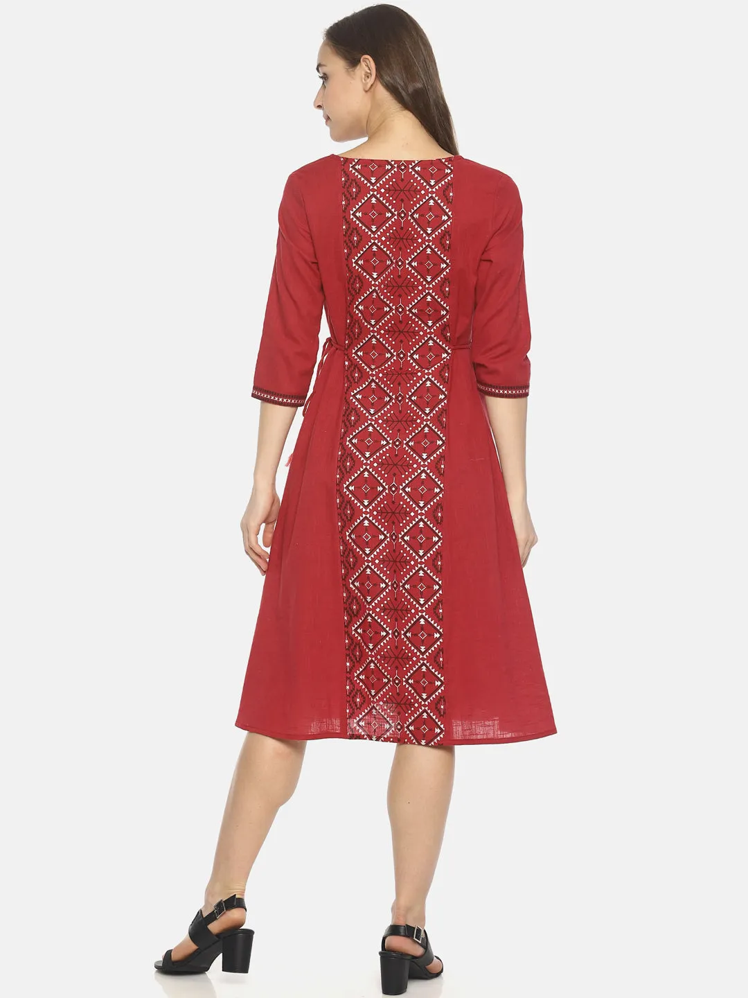 Red Printed A-line Dress With Waist Tie-up