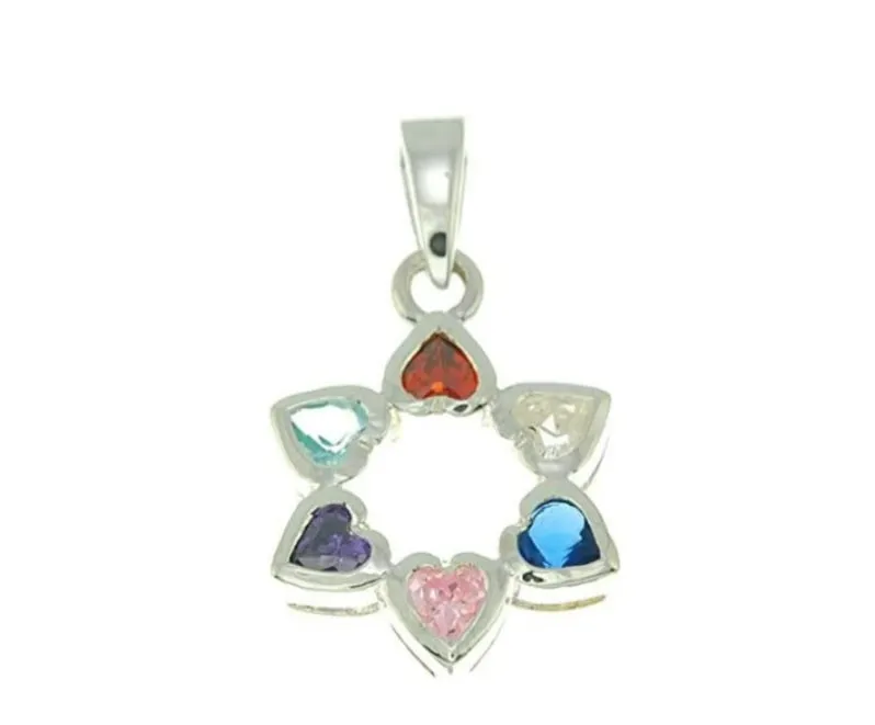 Star of David Pendant With Hearts color mix Gemstones   925 Sterling Silver Necklace