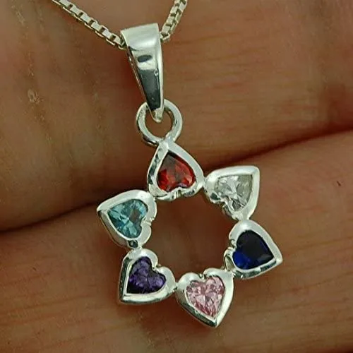 Star of David Pendant With Hearts color mix Gemstones   925 Sterling Silver Necklace