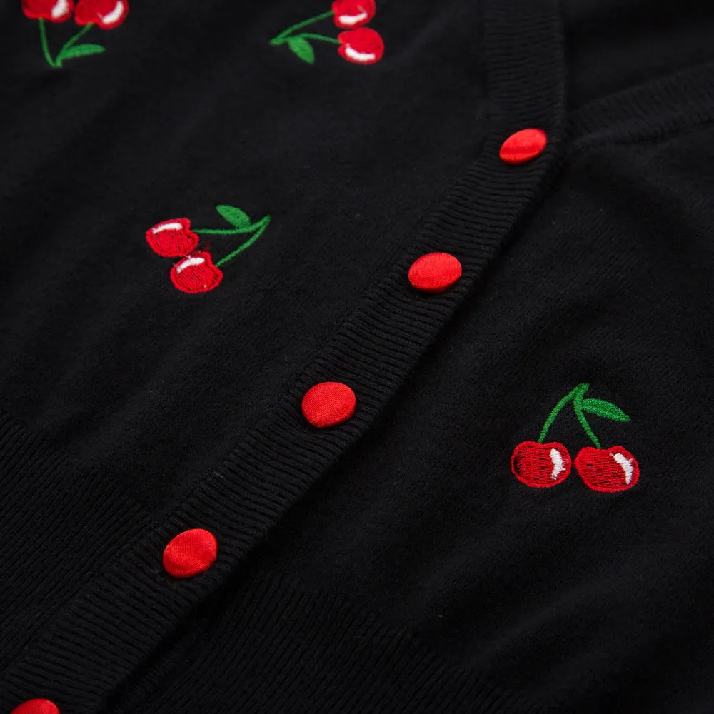 Vintage Fans Look of Cherries Embroidery 3/4 Sleeve V-Neck Cropped Knitting Cardigan