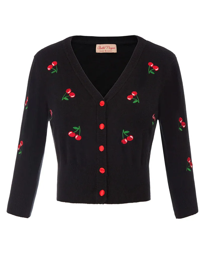 Vintage Fans Look of Cherries Embroidery 3/4 Sleeve V-Neck Cropped Knitting Cardigan