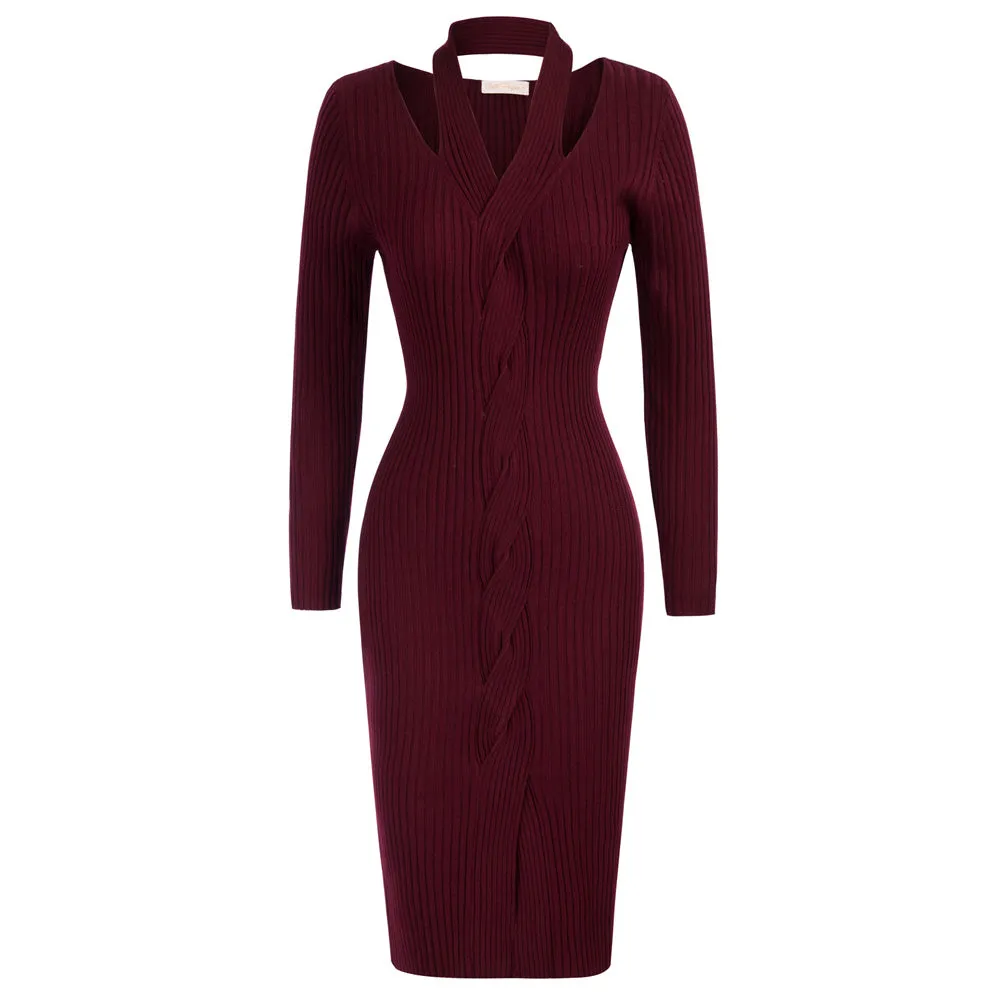 Vintage Fans Look of Halterneck Sweater Dress Long Sleeve Front Slit Knitted Bodycon Dress-Wine