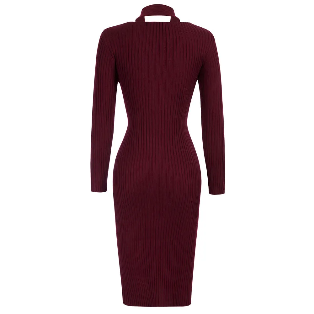 Vintage Fans Look of Halterneck Sweater Dress Long Sleeve Front Slit Knitted Bodycon Dress-Wine