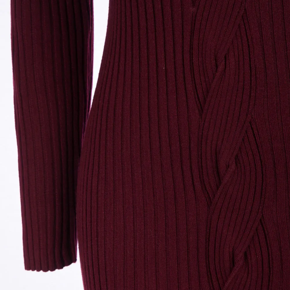 Vintage Fans Look of Halterneck Sweater Dress Long Sleeve Front Slit Knitted Bodycon Dress-Wine