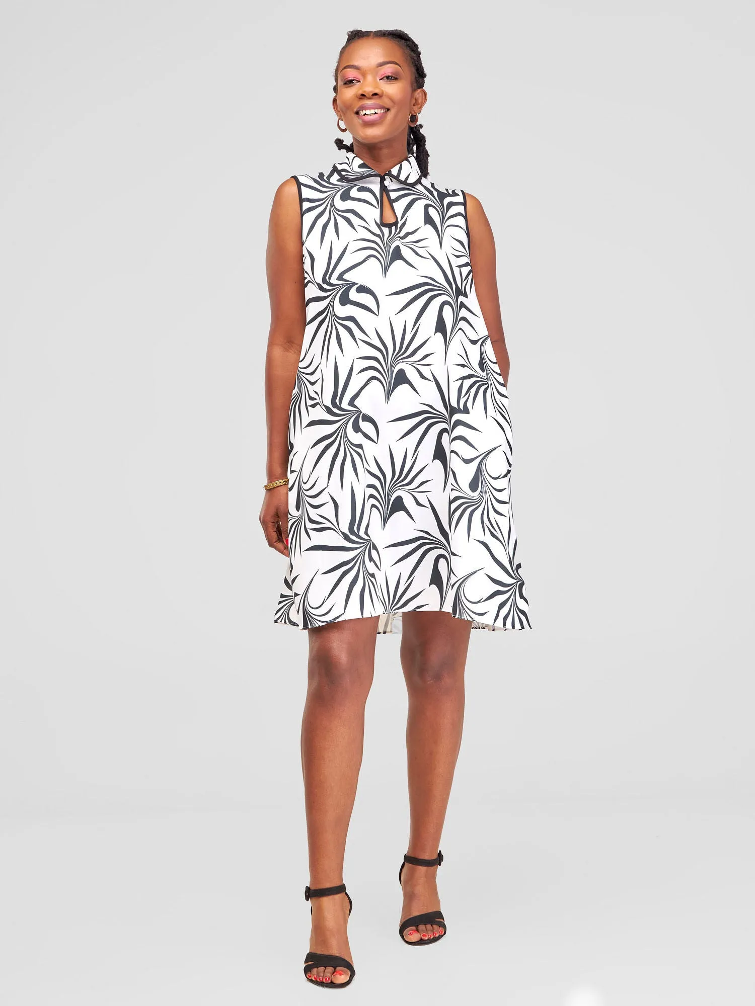 Vivo Asha Sleeveless Knee Length Dress - White / Black Tezo Print