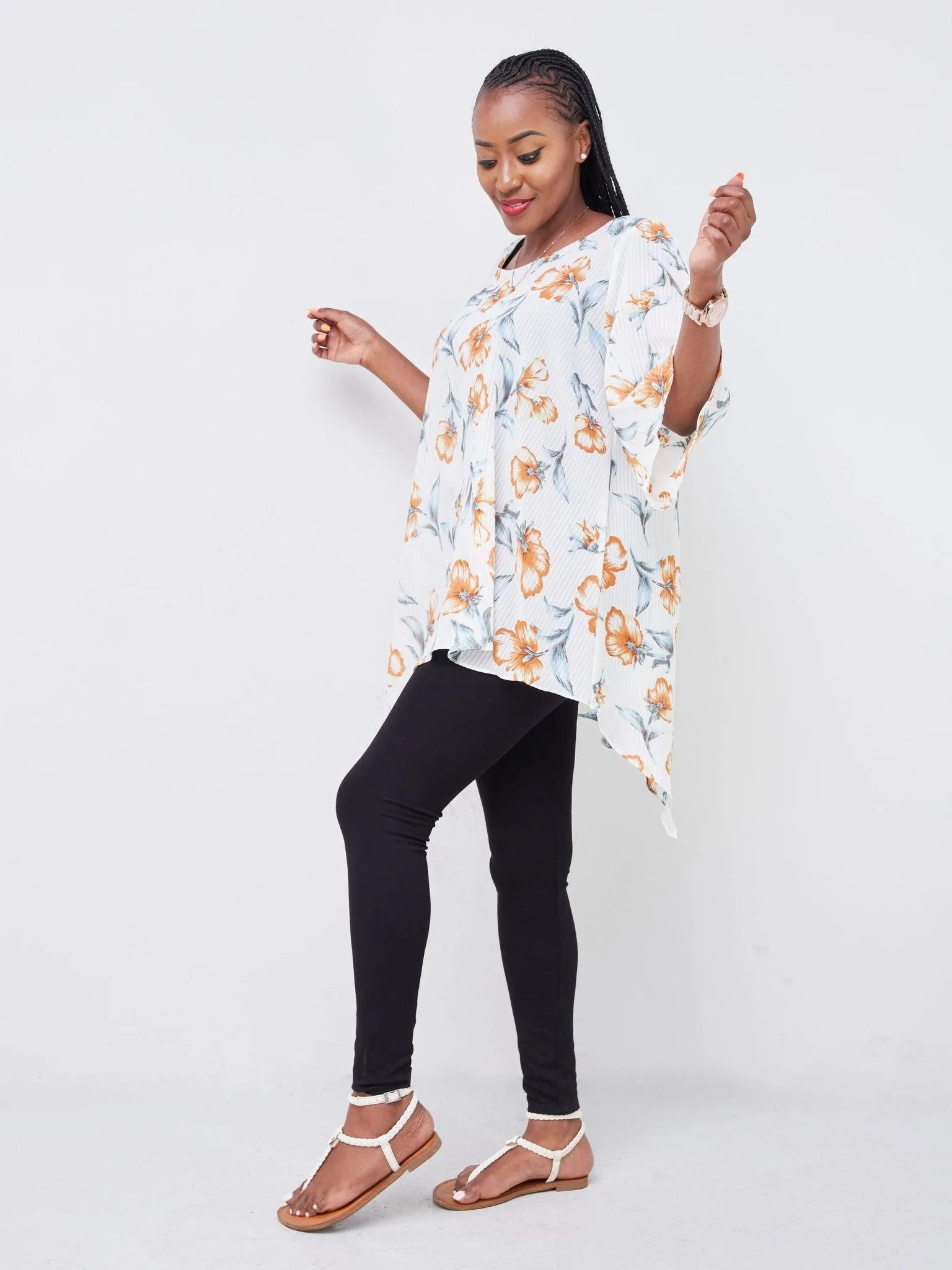 Vivo Sana Asymmetrical Angel Sleeve Top - White / Rust Floral Print