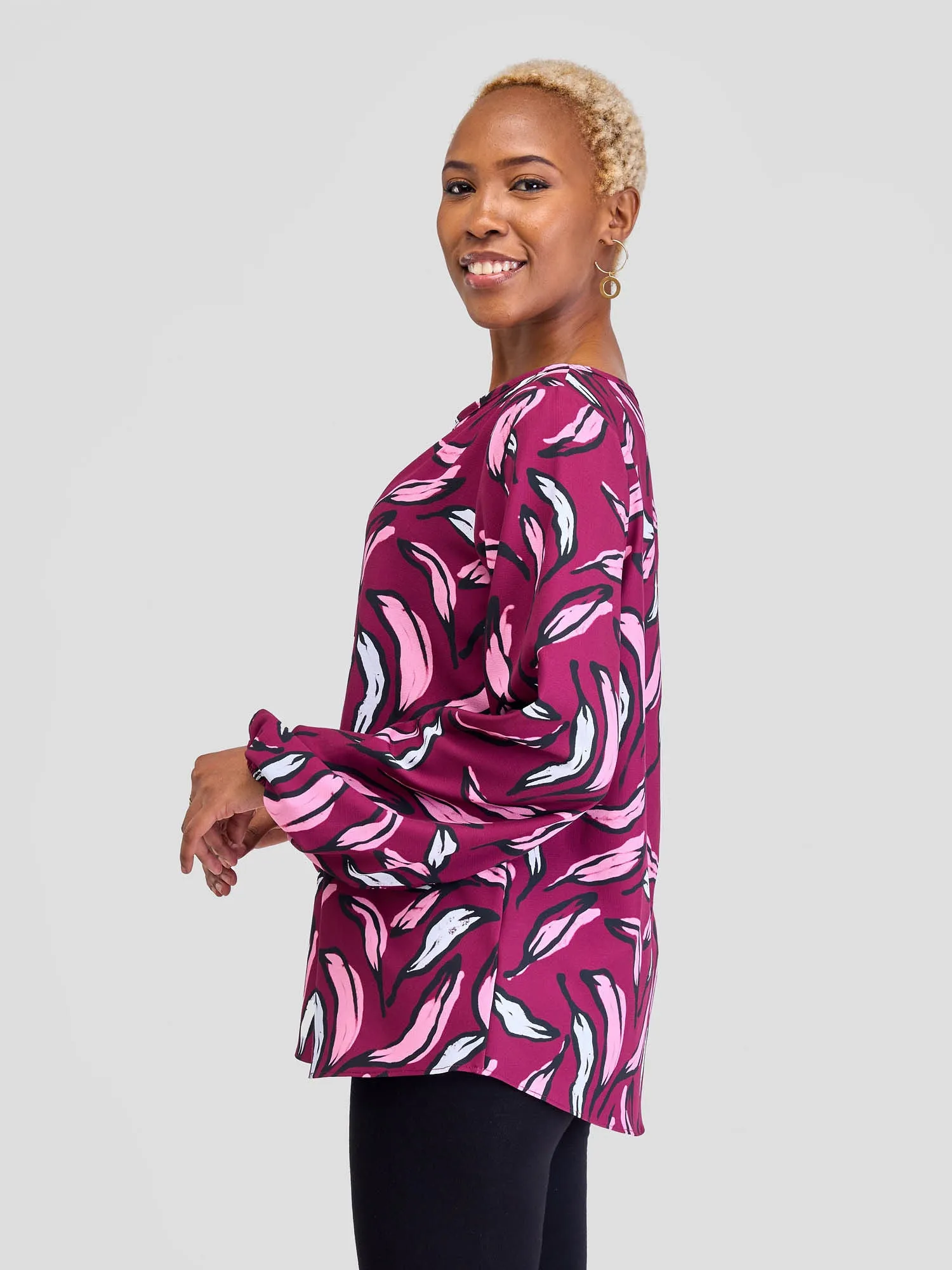 Vivo Sia Bishop Sleeve Top - Burgundy / Peach Molo Print