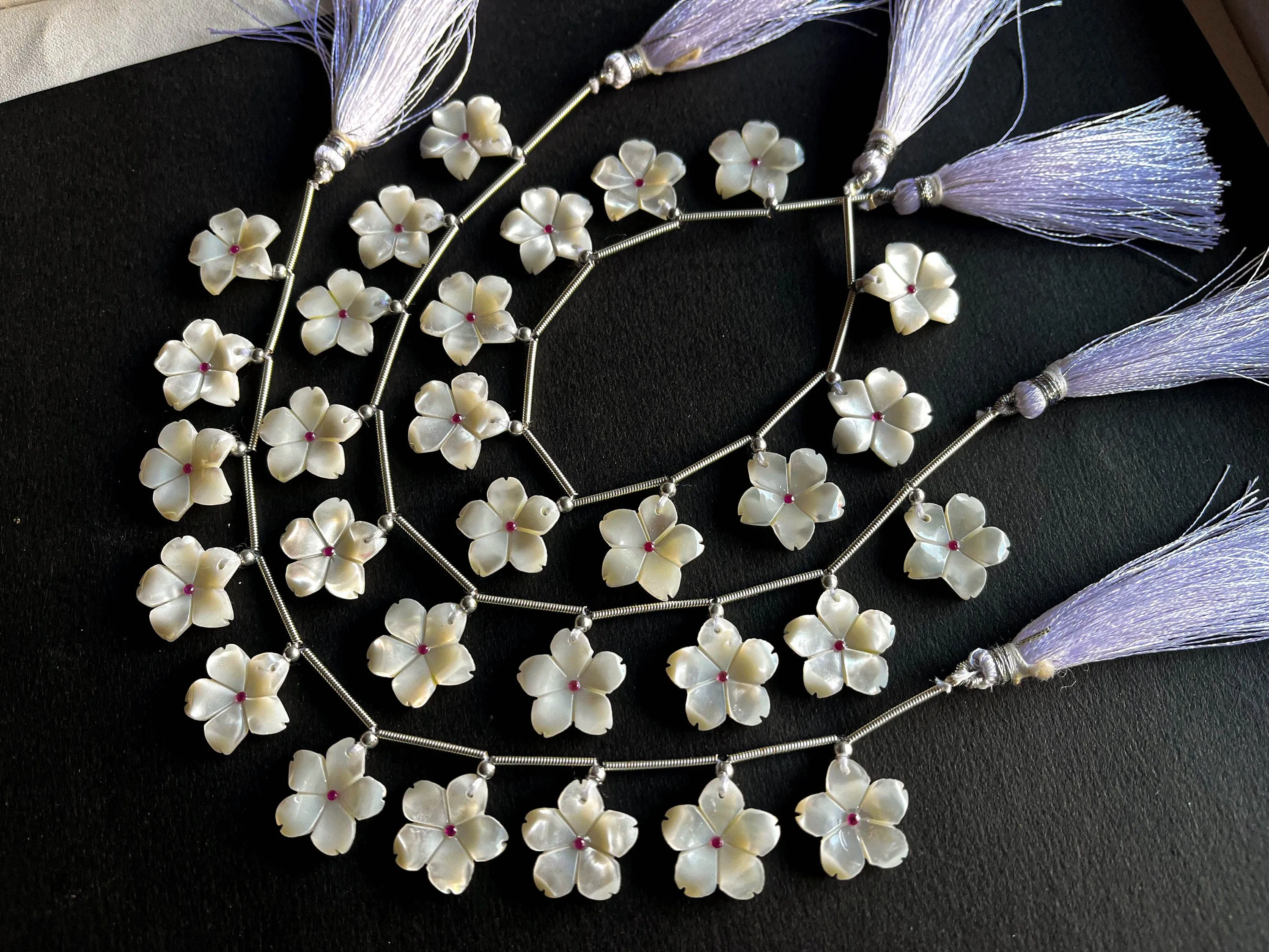 White Mother of Pearl Flower Carved Beads with Pink Cubic Zirconia